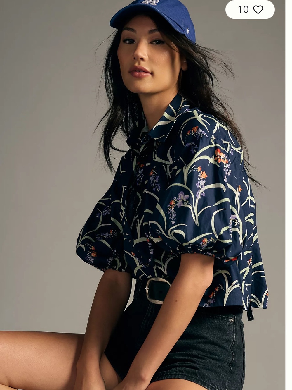 Maeve Navy Floral Puff-Sleeve Button-Down Top
